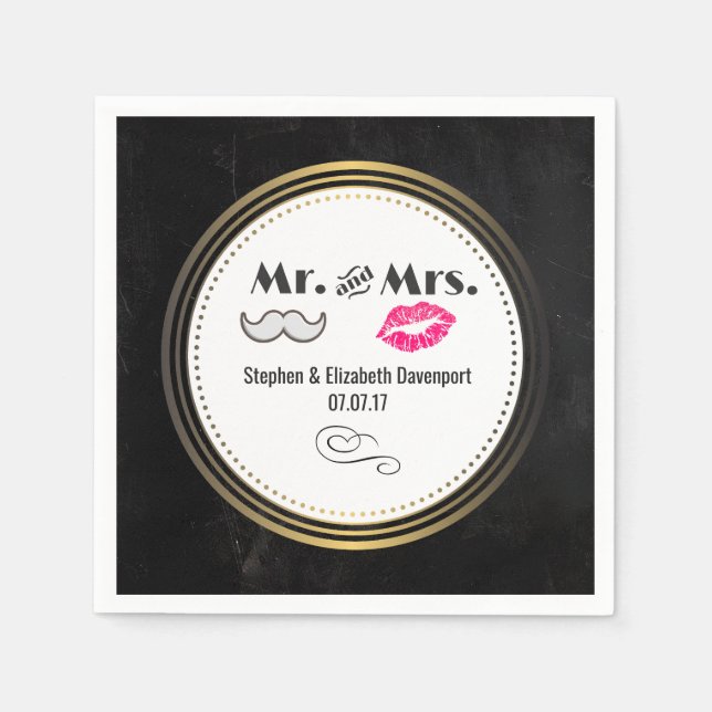 Serviettes Jetables Mariage noir et or avec moustache et lèvres (Devant)