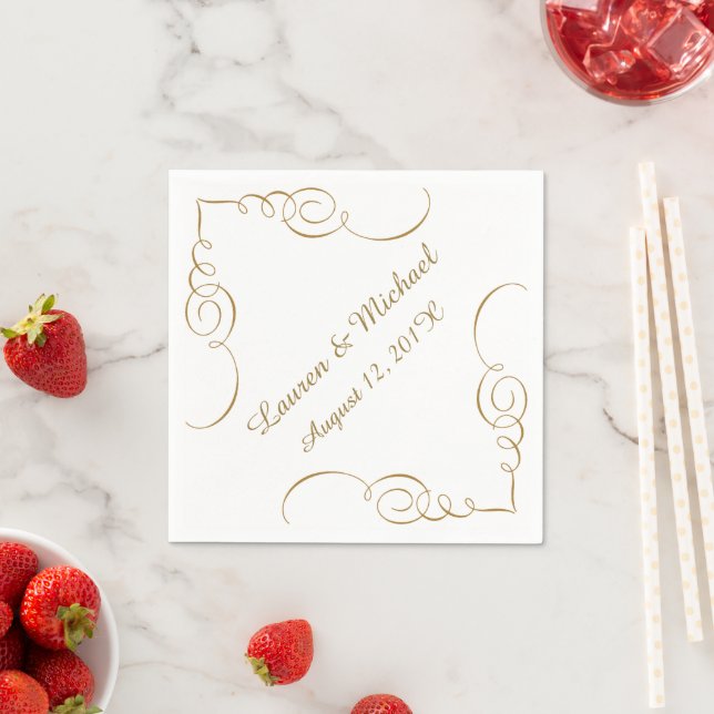 Serviettes Jetables Mariage personnalisé Gold Dark Swirl (En situation)