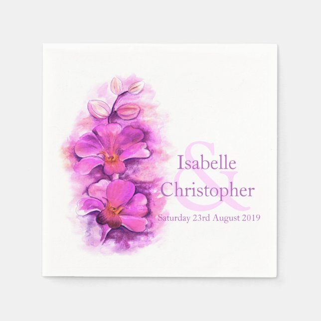 Serviettes Jetables Mariage personnalisé orchidée rose aquarelle papie (Devant)