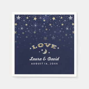 Serviettes Jetables Marine Blue Gold & White LOVE Moon & Stars Mariage