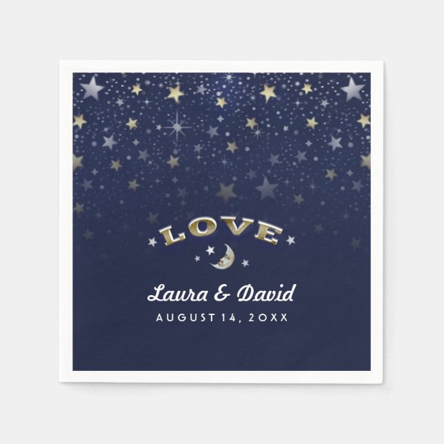 Serviettes Jetables Marine Blue Gold & White LOVE Moon & Stars Mariage (Devant)