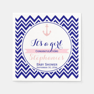 Serviettes Jetables Marine Chevron avec Baby shower nautique rose bébé