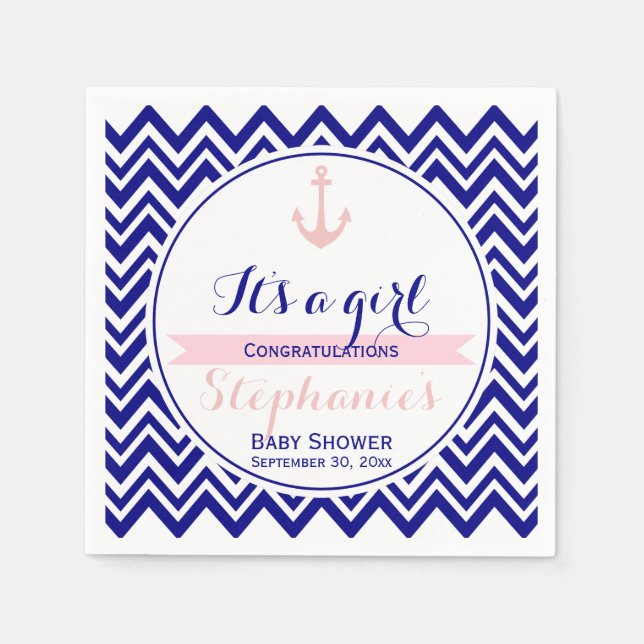 Serviettes Jetables Marine Chevron avec Baby shower nautique rose bébé (Devant)