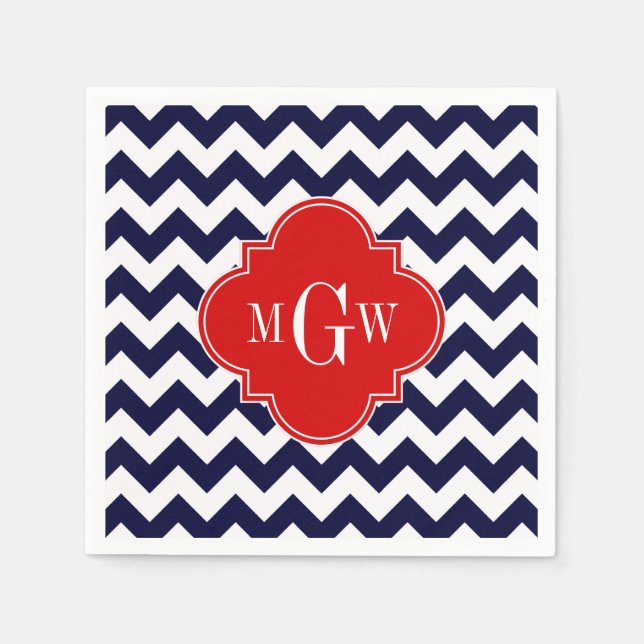 Serviettes Jetables Marine White Chevron Red Quatrefoil 3 Monogramme (Devant)