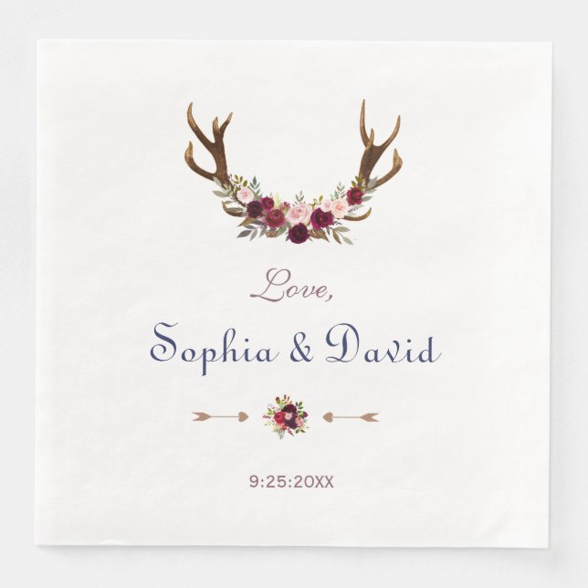 Serviettes Jetables Marsala Floral Antlers Mariage de automne bleu mar (Devant)