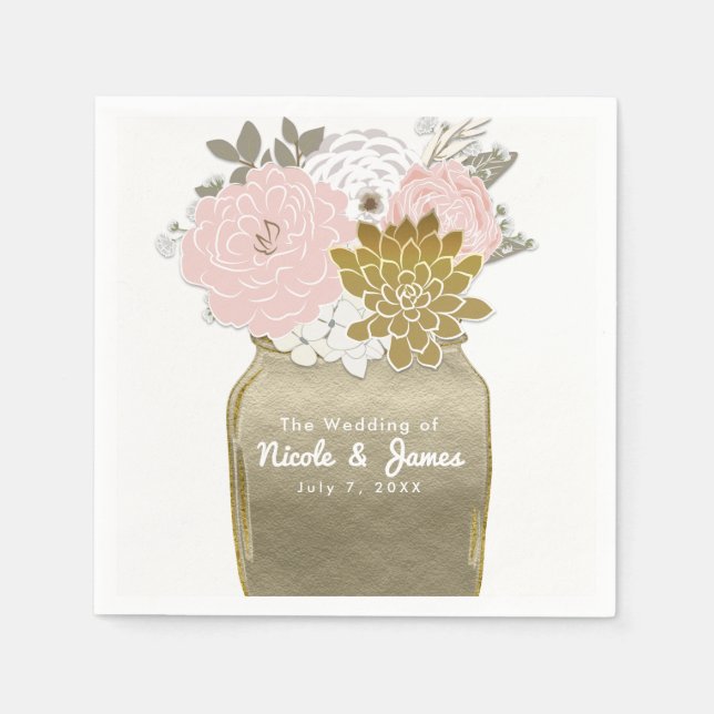 Serviettes Jetables Mason Fleurs Jar Rustique Floral Rose & Or Chic (Devant)