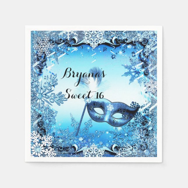 Serviettes Jetables Masque bleu hiver Mascarade Masque & Snowflakes Él (Devant)
