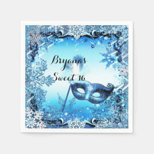 Serviettes Jetables Masque de bal masqué bleu hivernal et flocons de n
