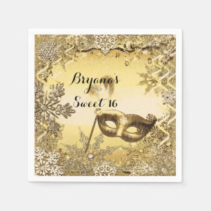 Serviettes Jetables Masque de Bal Masqué Doré & Flocons de Neige Éléga