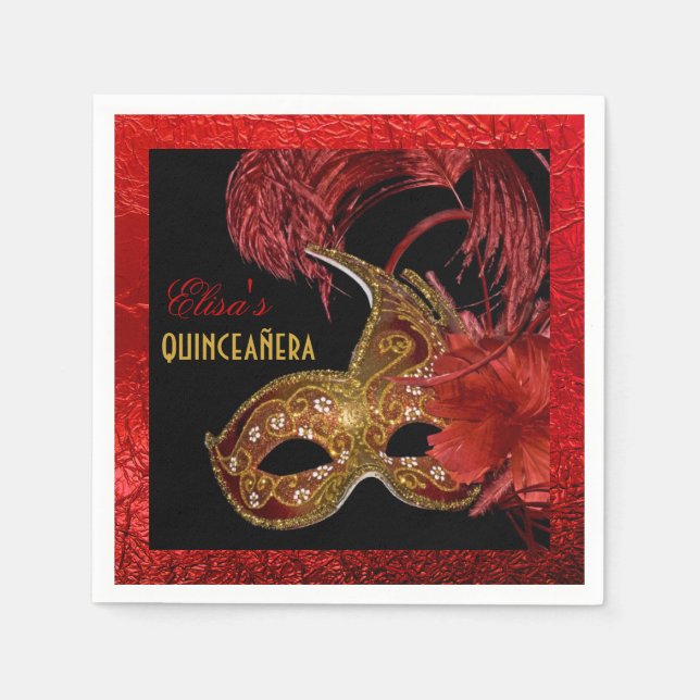 Serviettes Jetables Masquerade Quinceañera or du parti, feuille rouge (Devant)