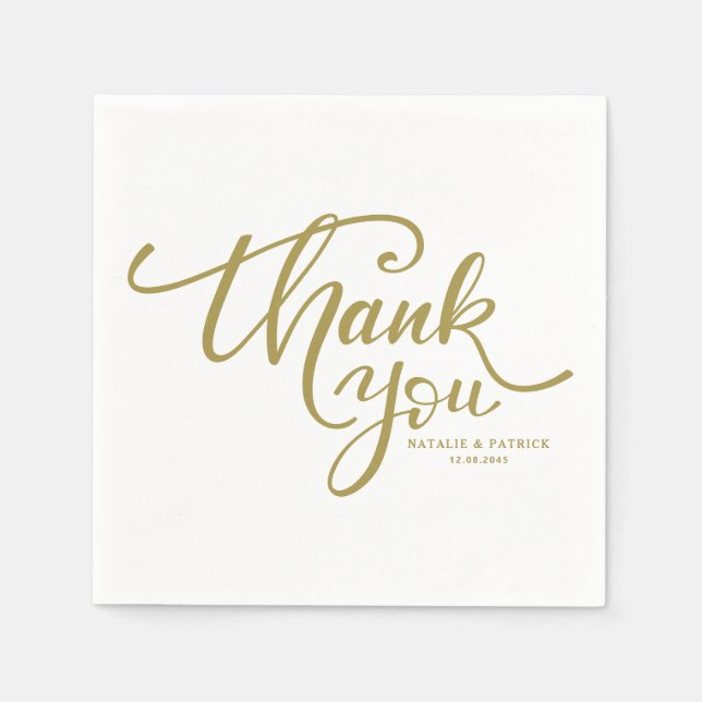 Serviettes Jetables Merci Mariage lettres main or (Devant)