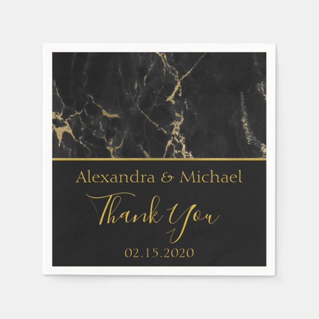 Serviettes Jetables Merci noir et or marbre élégant (Devant)