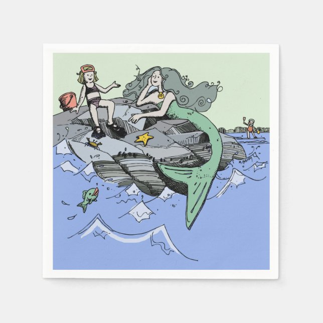 Serviettes Jetables Mermaid littoral mignon dessin animé plage art pou (Devant)