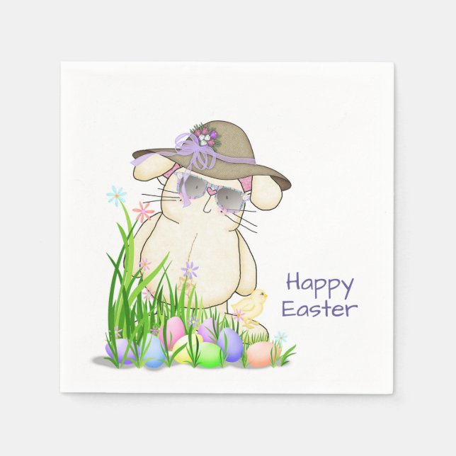 Serviettes Jetables mignon lapin de Pâques avec lunettes de soleil (Devant)