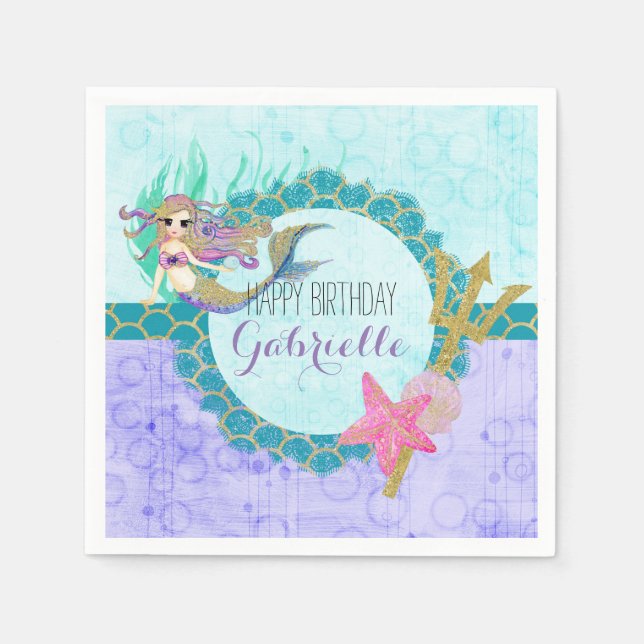 Serviettes Jetables Mignonne sirène Monogramme Turquoise et violette J (Devant)