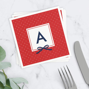 Serviettes Jetables Monogram Chic Bleu Ruban Rouge et blanc Pointe Pol