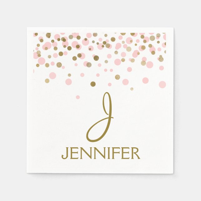 Serviettes Jetables Monogramme Confetti pour fille rose et or (Devant)