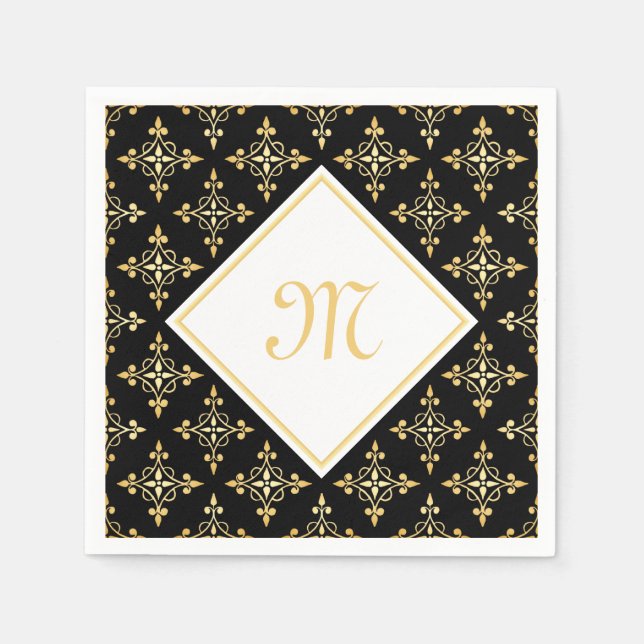 Serviettes Jetables Monogramme de luxe Noir et Or Quatre Floral (Devant)