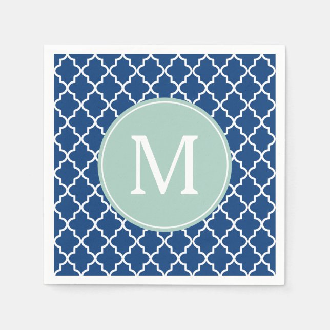 Serviettes Jetables Monogramme de Quatrefoil bleu marine et vert menth (Devant)