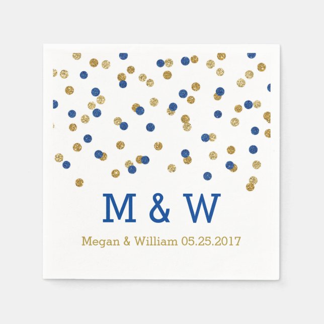 Serviettes Jetables Monogramme Mariage de Confetti en or bleu marine (Devant)