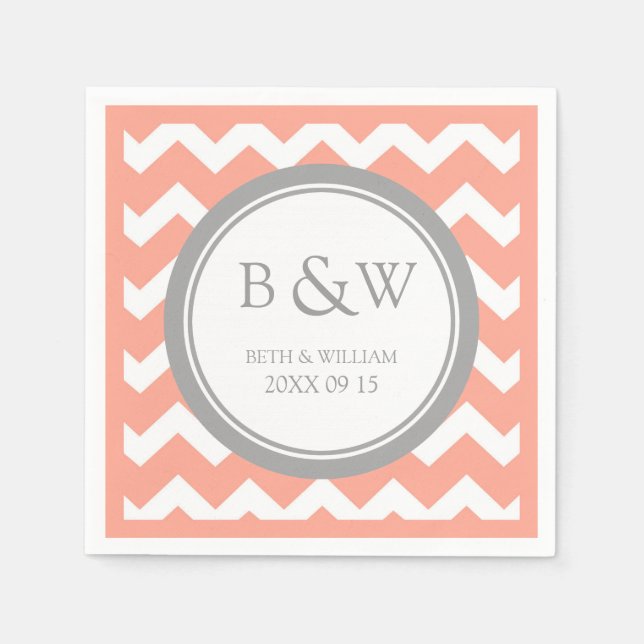 Serviettes Jetables Monogramme personnalisé Mariage Napkin Coral Grey  (Devant)