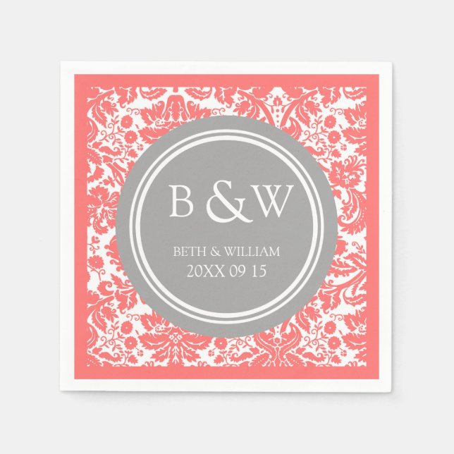 Serviettes Jetables Monogramme personnalisé Mariage Napkin Coral Gris  (Devant)