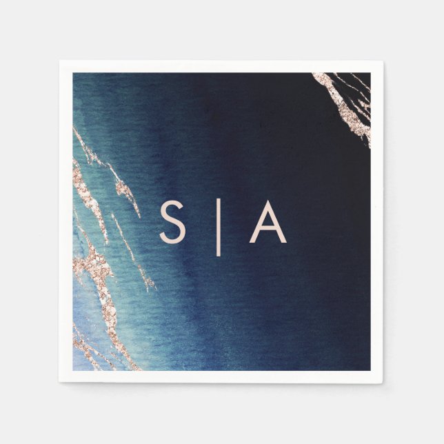 Serviettes Jetables Monogramme Rose or Mariage et agate bleu marine (Devant)