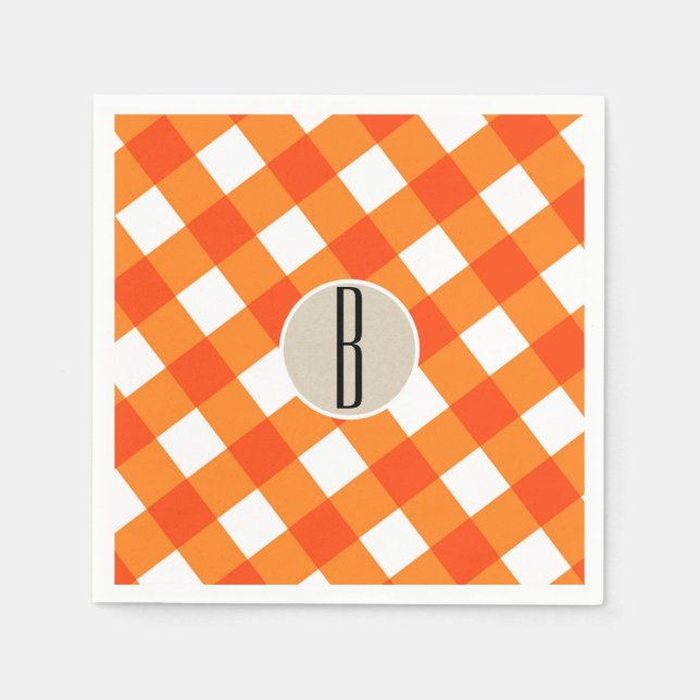 Serviettes Jetables Monogramme rustique Kraft Plaid Blanc orange initi (Devant)