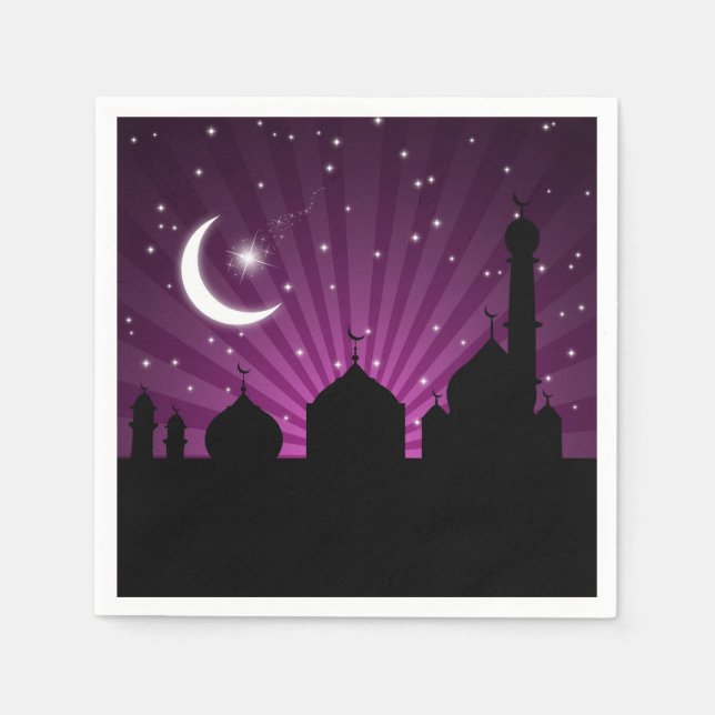 Serviettes Jetables Mosquée Silhouette Purple Nuit - Papier Napkin (Devant)