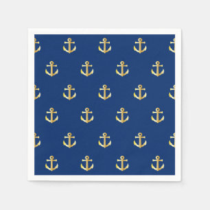 Serviettes Jetables Motif Ancre Jaune Chic Gold sur bleu marine foncé