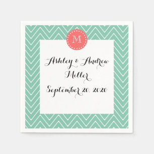 Serviettes Jetables Motif Chevron vert Mint   Monogramme de corail