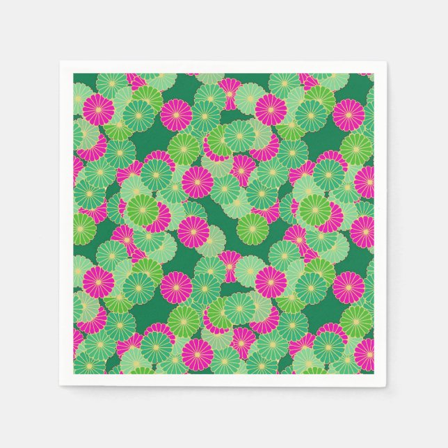 Serviettes Jetables Motif de fleurs Art Déco - tons verts, fuchsia (Devant)