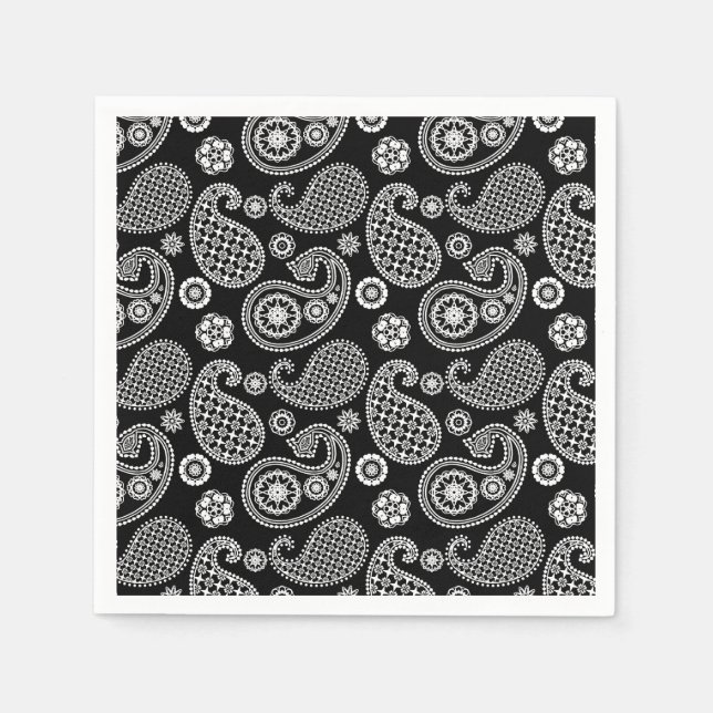 Serviettes Jetables Motif Paisley, noir et blanc (Devant)