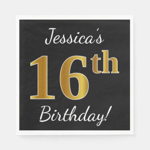 Serviettes Jetables Noir, anniversaire d'or de Faux 16ème + Nom fait