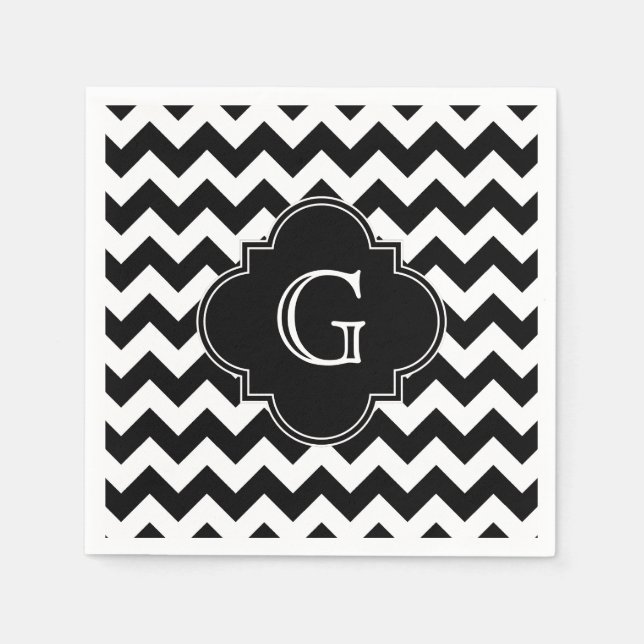 Serviettes Jetables Noir blanc Chevron noir Quatrefoil Monogramme (Devant)