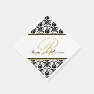 Serviettes Jetables Noir Damas Blanc Monogramme Mariage