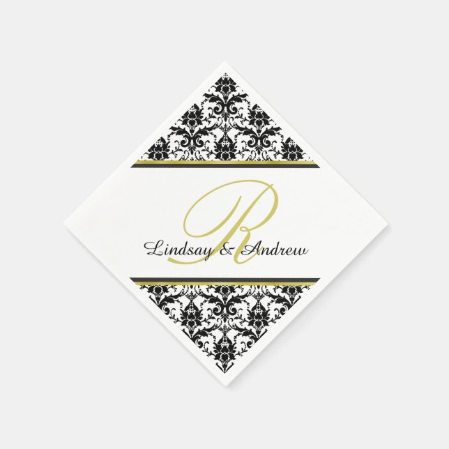 Serviettes Jetables Noir Damas Blanc Monogramme Mariage (Coin)