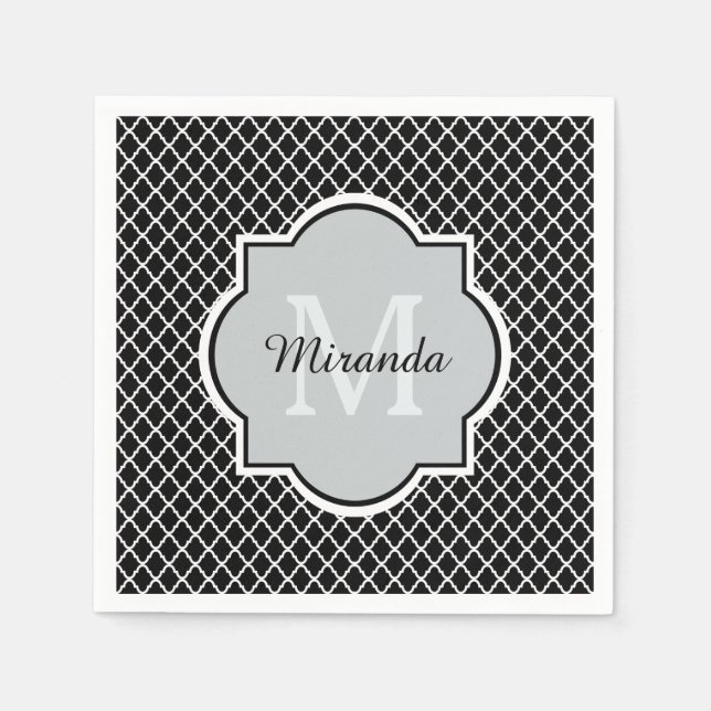 Serviettes Jetables Noir et blanc moderne Quatrefoil Nom monogramme (Devant)