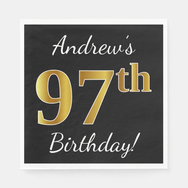 Serviettes Jetables Noir, Faux Gold 97e anniversaire + Nom personnalis (Devant)