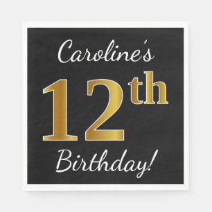 Serviettes Jetables Noir, Faux Or 12e anniversaire + Nom personnalisé