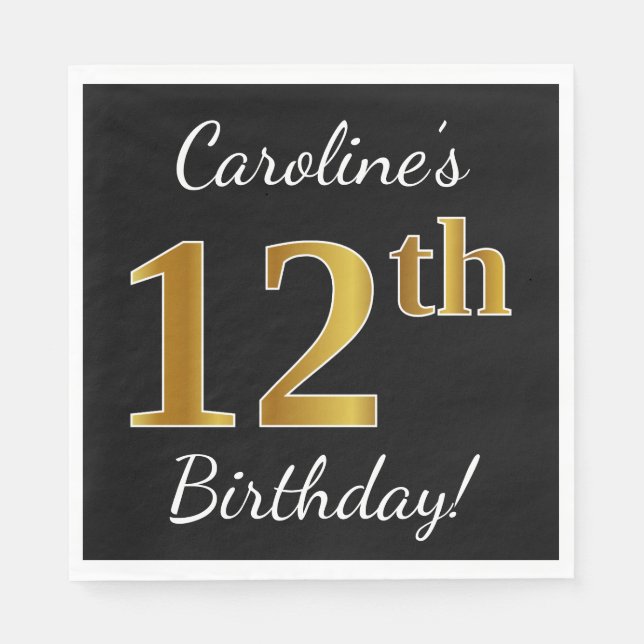 Serviettes Jetables Noir, Faux Or 12e anniversaire + Nom personnalisé (Devant)