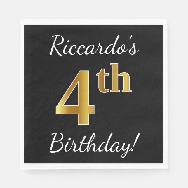 Serviettes Jetables Noir, Faux Or 4ème anniversaire + Nom personnalisé (Devant)