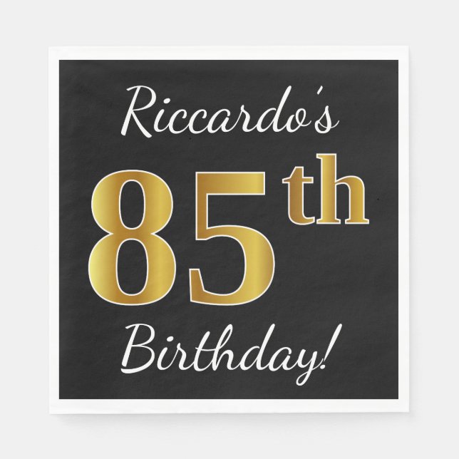 Serviettes Jetables Noir, Faux Or 85e anniversaire + Nom personnalisé (Devant)