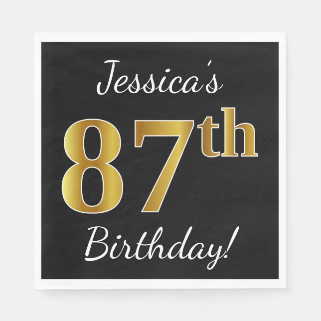 Serviettes Jetables Noir, Faux Or 87e anniversaire + Nom personnalisé (Devant)