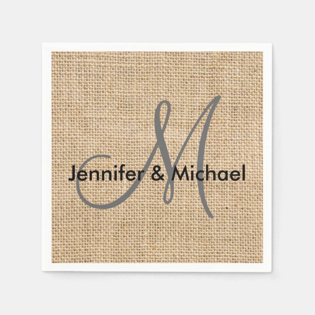 Serviettes Jetables Noms des mariées Mariages du monogramme de Burlap  (Devant)