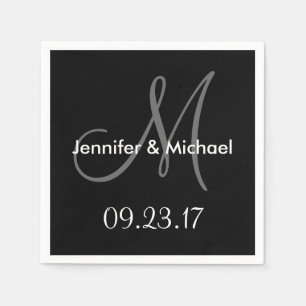 Serviettes Jetables Noms du monogramme mariage Date Noir Blanc Gris