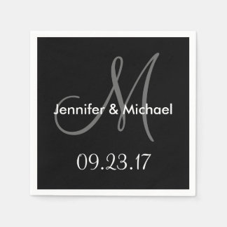 Serviettes Jetables Noms du monogramme mariage Date Noir Blanc Gris