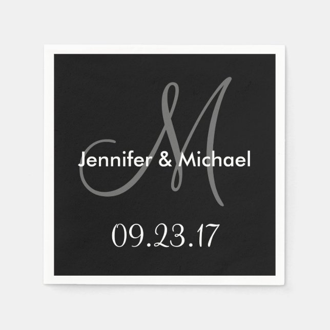 Serviettes Jetables Noms du monogramme mariage Date Noir Blanc Gris (Devant)