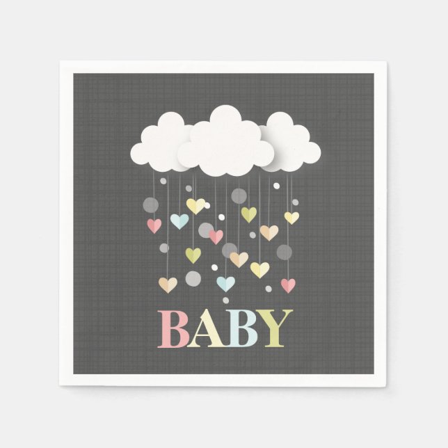 Serviettes Jetables Nuages + Coeurs Baby shower neutre (Devant)