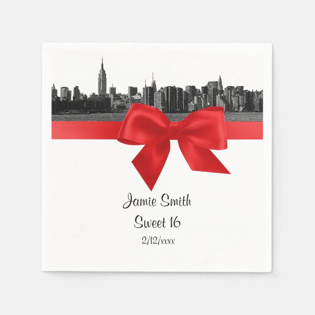 Serviettes Jetables NYC large Skyline Etched BW Sweet sixteen rouge (Devant)